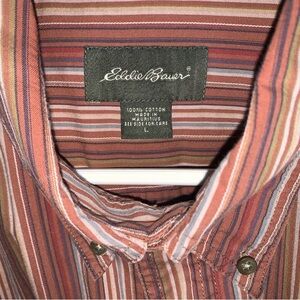 Eddie Bauer Shirt Men's Large Striped Button Down Brown and Tan 100% Cotton